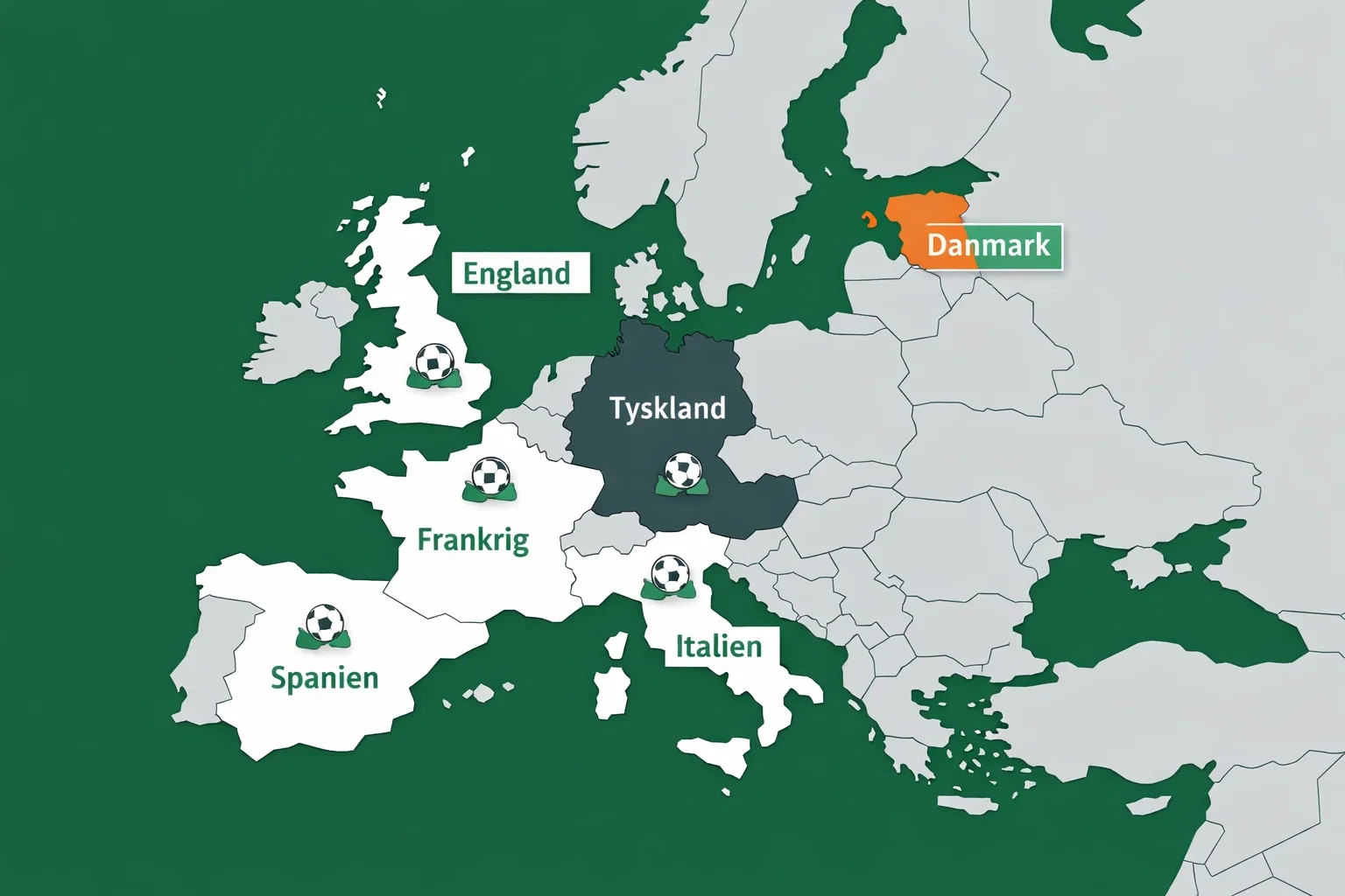 Kort over Europa med de storste fodboldligaer markeret