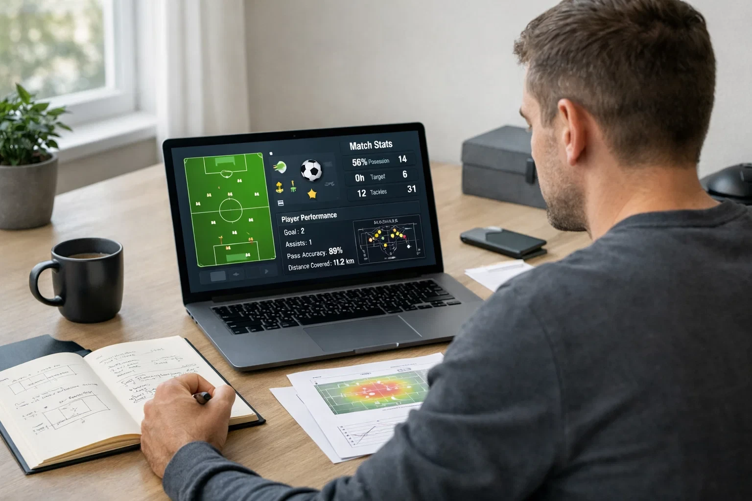 Person analyserer fodboldstatistik på bærbar computer med noter og dokumenter