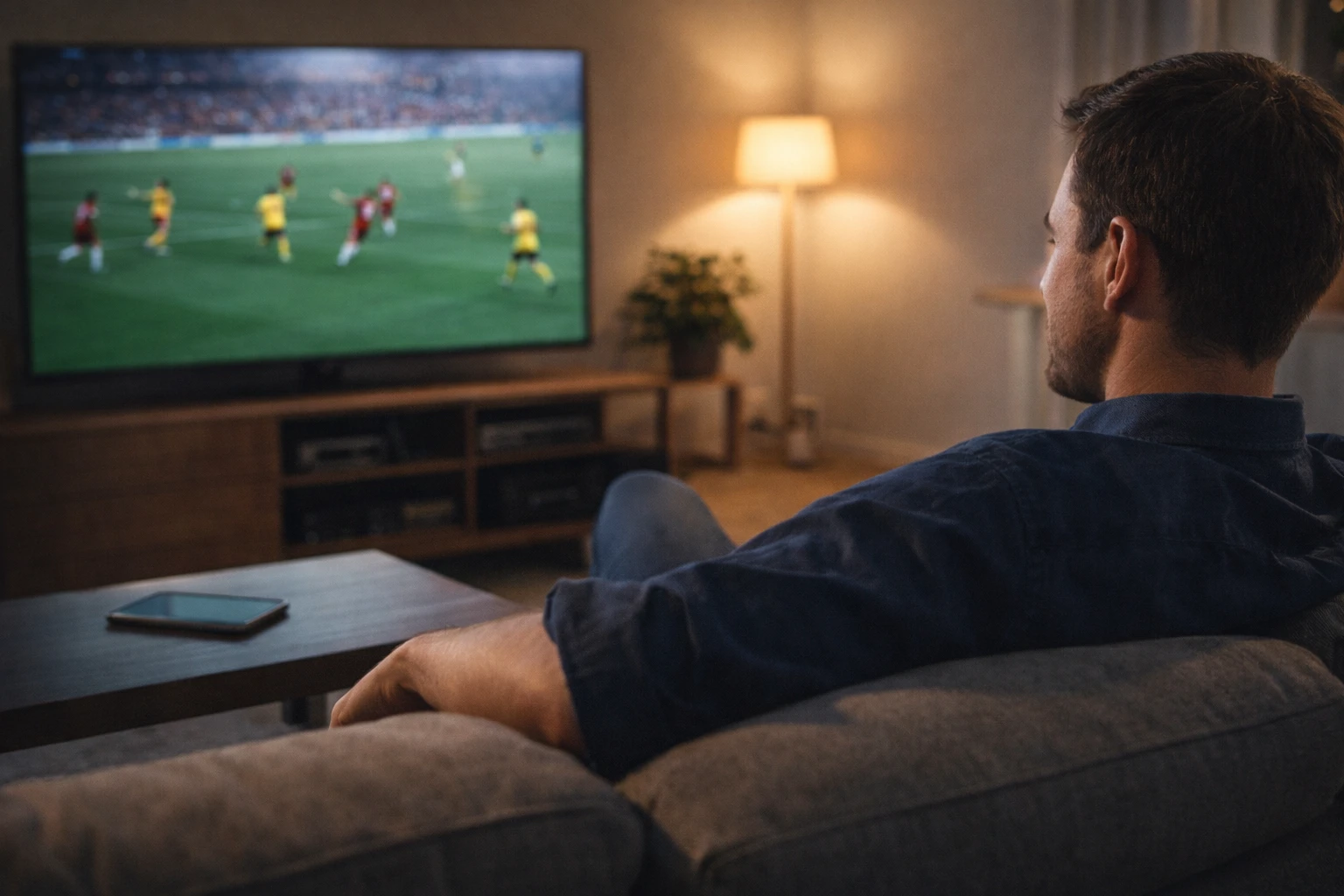 Person nyder afslappet at se fodbold med ansvarlig tilgang til betting