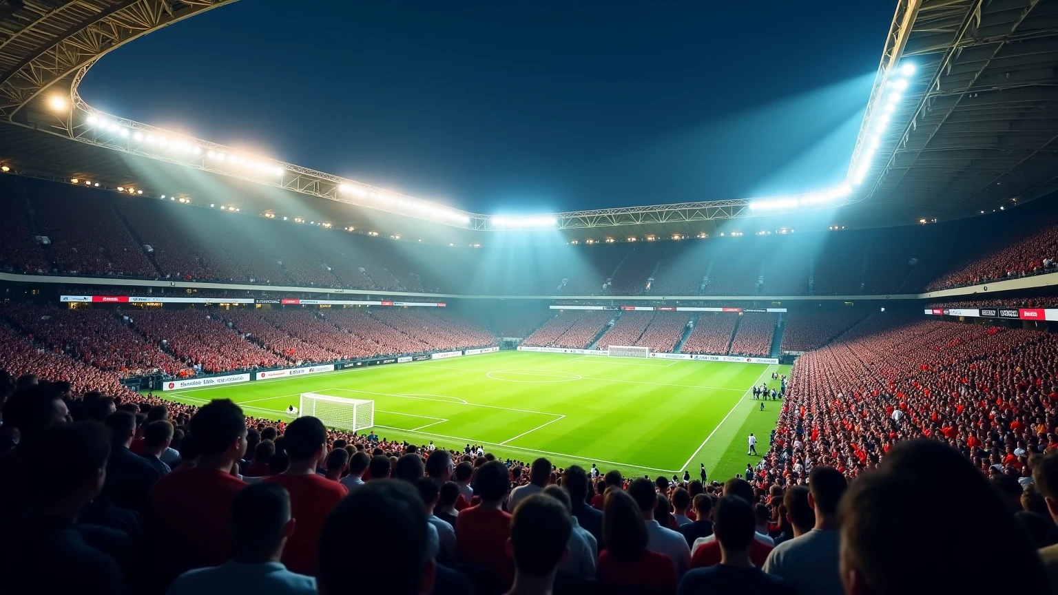 Fodboldstadion fyldt med fans under en intens aftenkamp med flomljus
