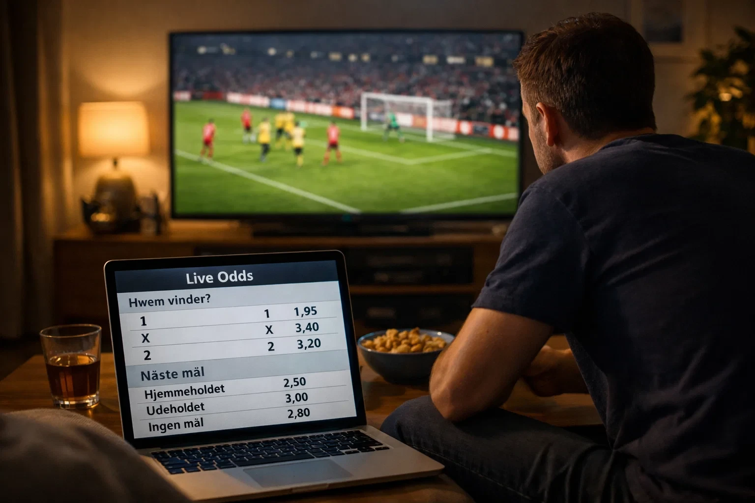 Person følger live odds på skærm med fodboldkamp i baggrunden