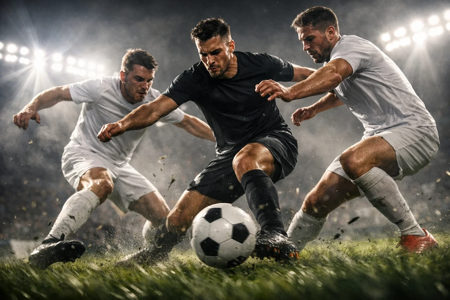 Fodboldspillere i intens kamp situation med dramatisk lys